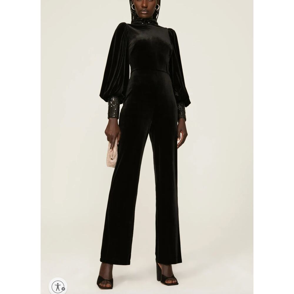 Badgley Mischka Black Velvet Jumpsuit SIZE 10 Cocktail Soft Sequin Designer $630 - Picture 2 of 11